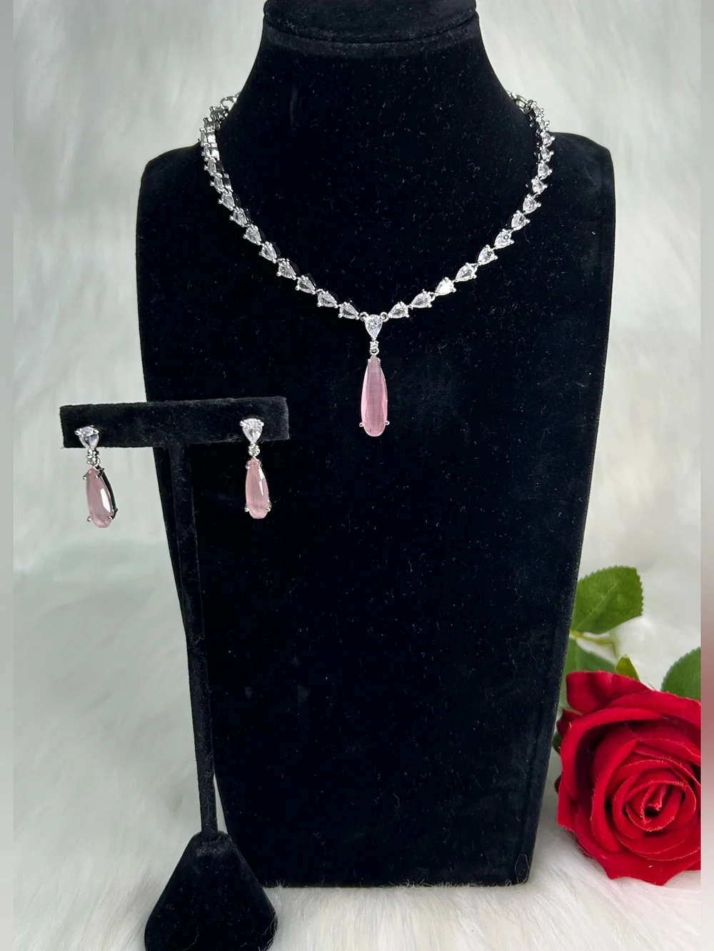 Pink Silver Ad Necklace and Earrings Set